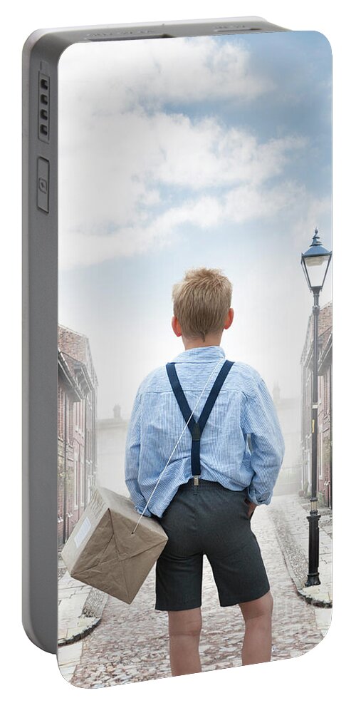 Evacuee Portable Battery Charger featuring the photograph 1940s Boy With Gas Mask Box by Lee Avison