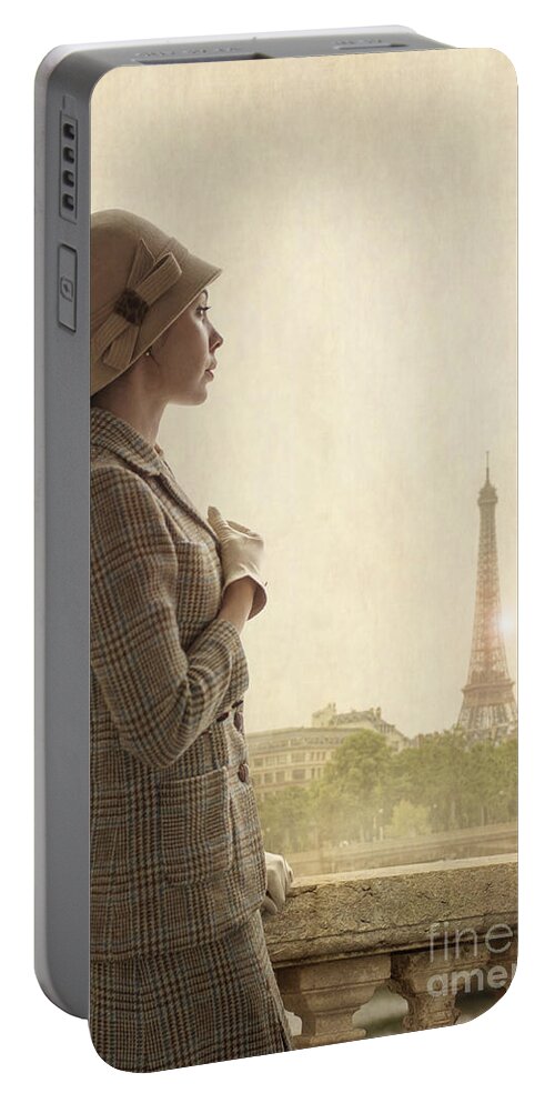 1940's Portable Battery Charger featuring the photograph 1940s Woman With Cloche Hat In Paris With Eiffel Tower by Lee Avison