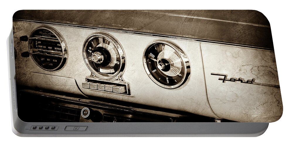 1955 Ford Fairlane Dashboard Emblem Portable Battery Charger featuring the photograph 1955 Ford Fairlane Dashboard Emblem -0444s by Jill Reger