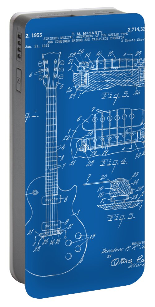 Guitar Portable Battery Charger featuring the digital art 1955 McCarty Gibson Les Paul Guitar Patent Artwork Blueprint by Nikki Marie Smith