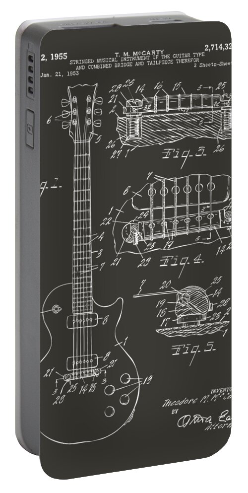 Guitar Portable Battery Charger featuring the digital art 1955 McCarty Gibson Les Paul Guitar Patent Artwork - Gray by Nikki Marie Smith