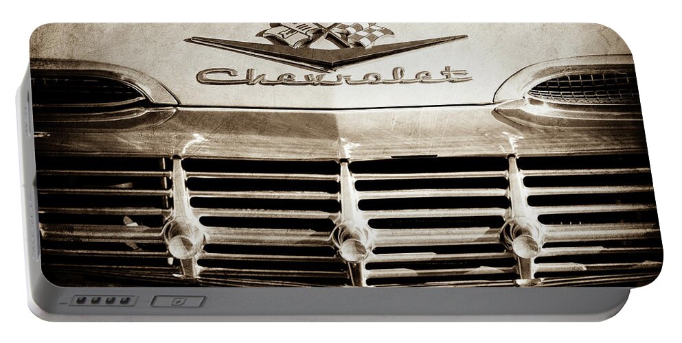 1959 Chevrolet Impala Grille Emblem Portable Battery Charger featuring the photograph 1959 Chevrolet Impala Grille Emblem -1014s by Jill Reger