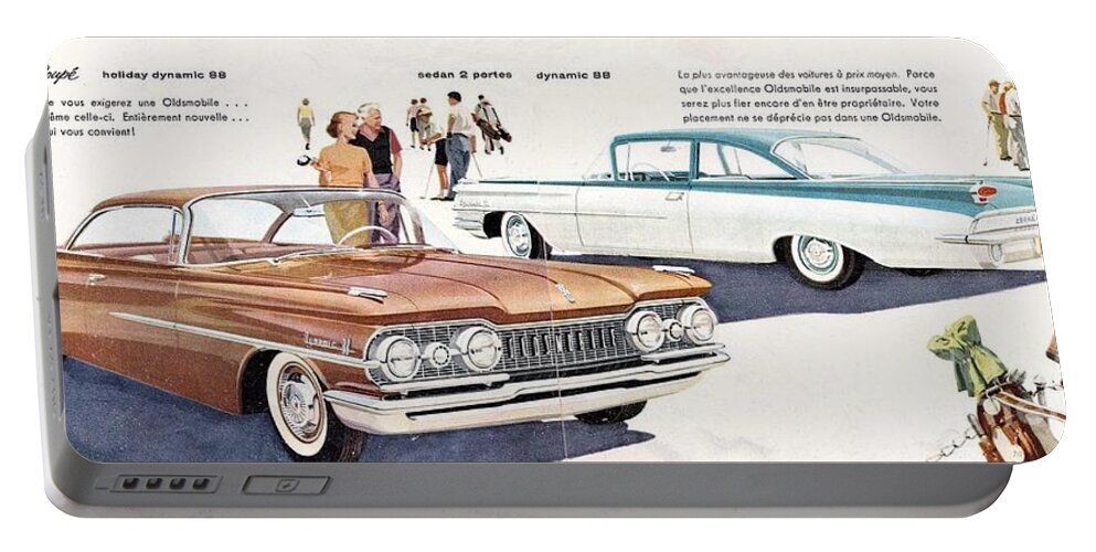 1959 Oldsmobile Prestige Brochure Page 18 And 19 Portable Battery Charger featuring the painting 1959 Oldsmobile Prestige Brochure page 18 and 19 by Vintage Collectables