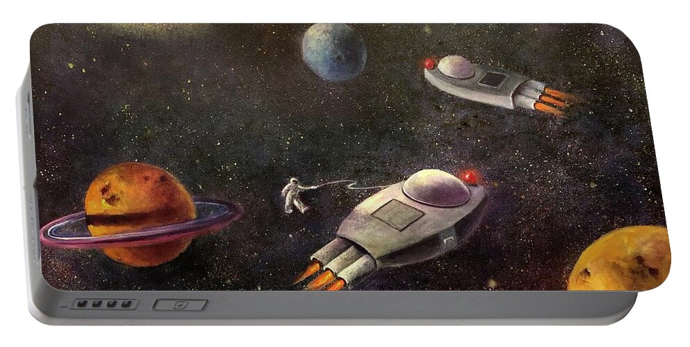 Outer Space Portable Battery Charger featuring the painting 1960s Outer Space Adventure by Rand Burns