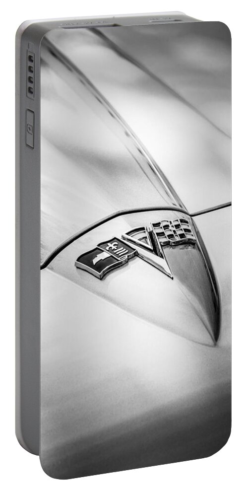 1964 Chevrolet Corvette Sting Ray Gm Styling Coupe Hood Emblem Portable Battery Charger featuring the photograph 1964 Chevrolet Corvette Sting Ray GM Styling Coupe Hood Emblem -0111bw by Jill Reger