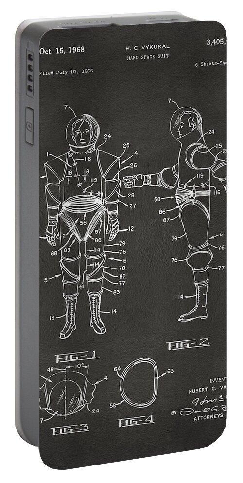 Space Suit Portable Battery Charger featuring the digital art 1968 Hard Space Suit Patent Artwork - Gray by Nikki Marie Smith