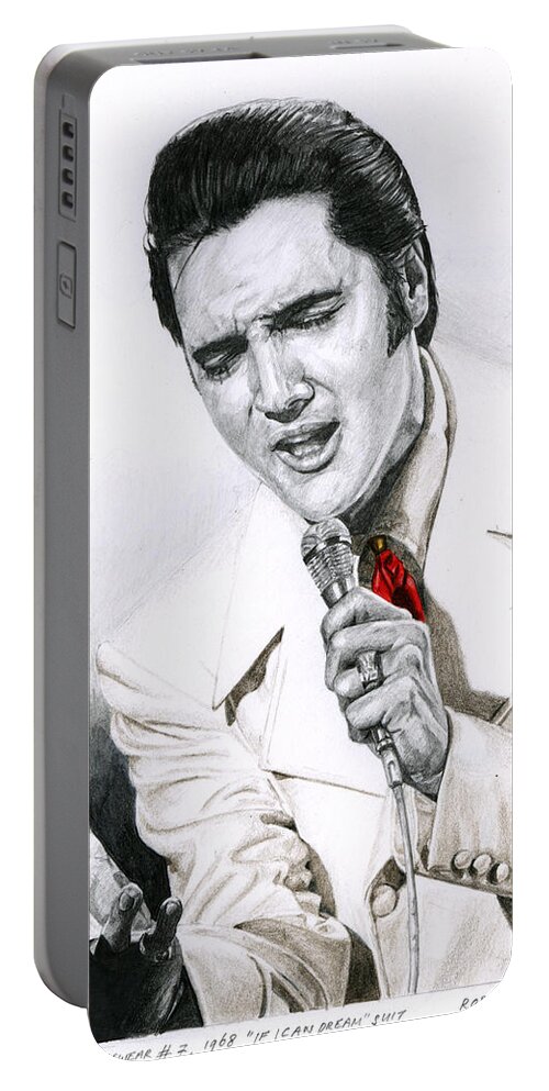 Elvis Portable Battery Charger featuring the drawing 1968 White If I Can Dream Suit by Rob De Vries