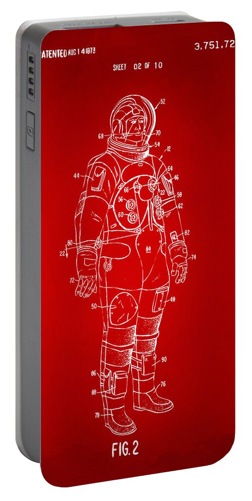 Space Suit Portable Battery Charger featuring the digital art 1973 Astronaut Space Suit Patent Artwork - Red by Nikki Marie Smith