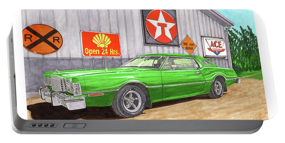 Watercolor Artwork Of The 1976 Ford Thunderbird Which Is A Rear Wheel Drive Automobile Which Was Manufactured By Ford In The United States Over Eleven Model Generations From 1955 Through 2005 Portable Battery Charger featuring the painting 1976 Ford Thunderbird by Jack Pumphrey