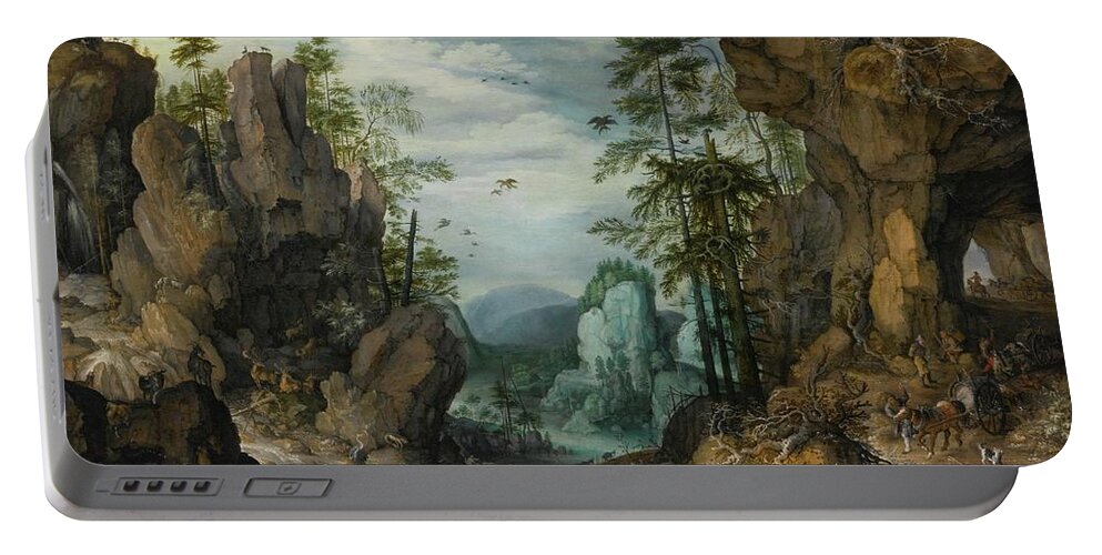 Roelandt Savery A Rocky Landscape With Travelers Portable Battery Charger featuring the painting A Rocky Landscape With Travelers #2 by Roelandt Savery