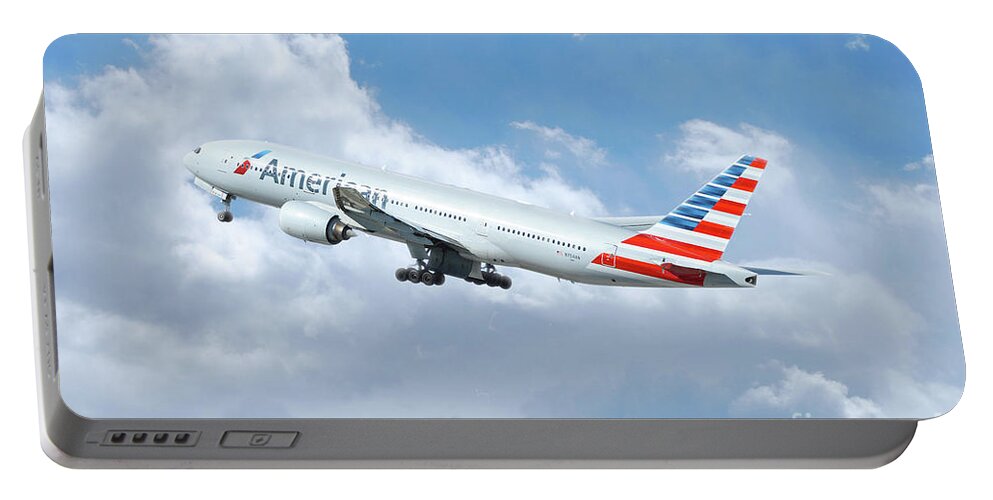 Boeing Portable Battery Charger featuring the digital art American Airlines Boeing 777 by Airpower Art