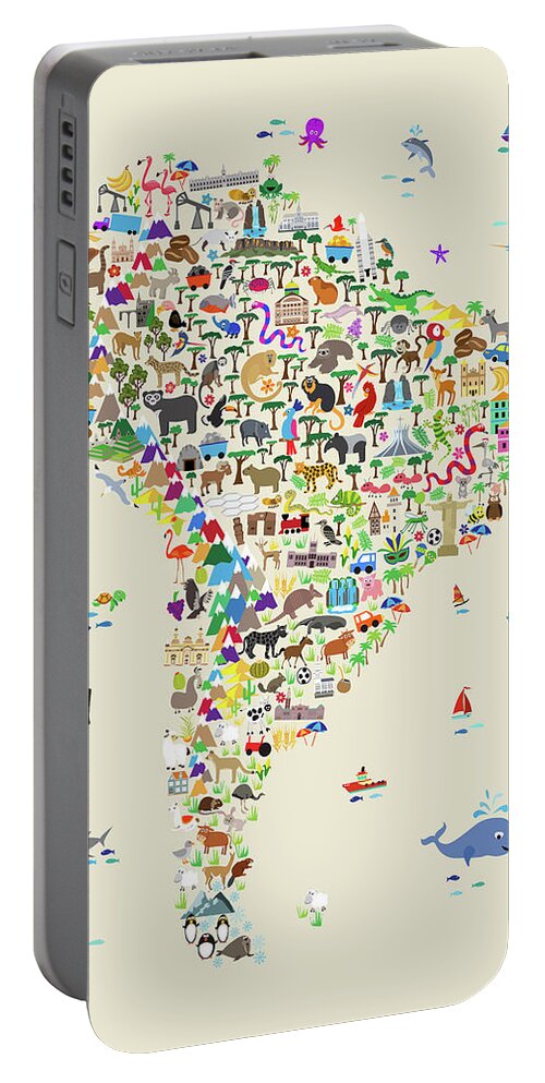 South America Map Portable Battery Charger featuring the digital art Animal Map of South America for children and kids by Michael Tompsett