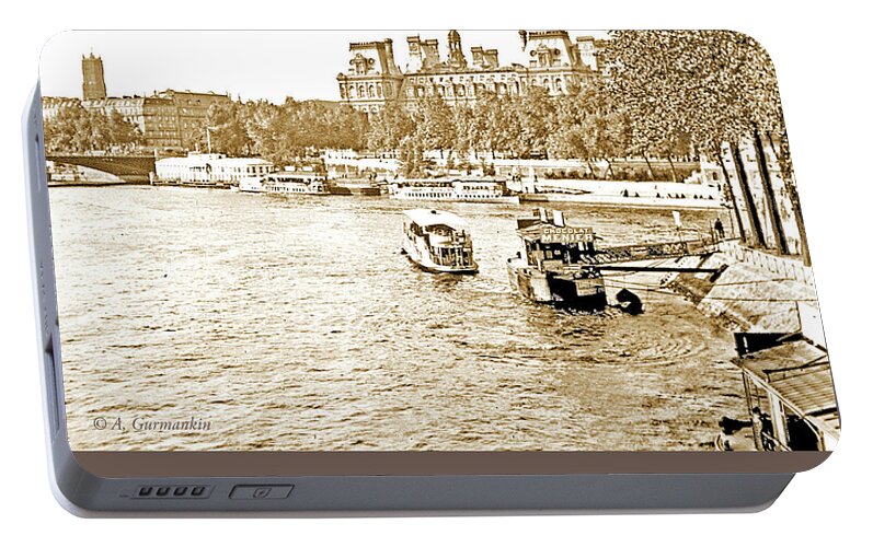 Boats Portable Battery Charger featuring the photograph Boats in the Seine River, Paris, 1903, Vintage Photograph #3 by A Macarthur Gurmankin