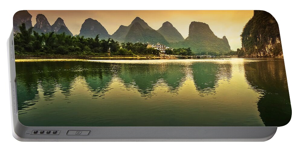Sunset Portable Battery Charger featuring the photograph Tranquil evening reflection-China Guilin scenery-Lijiang River in Yangshuo by Artto Pan