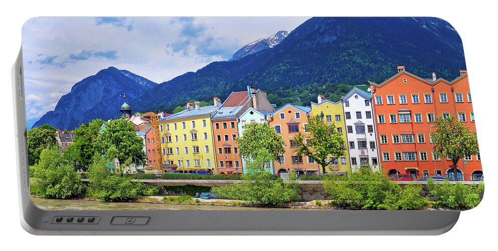 Inn Portable Battery Charger featuring the photograph City of Innsbruck colorful Inn river waterfront panorama #2 by Brch Photography