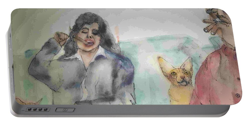 Comedians. Cats. Jerry Sienfeld Portable Battery Charger featuring the painting Comedians and cats album #2 by Debbi Saccomanno Chan