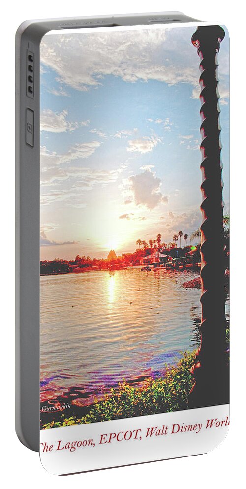 Theme Park Portable Battery Charger featuring the photograph EPCOT, Lagoon at Sunset, Walt Disney World #2 by A Macarthur Gurmankin