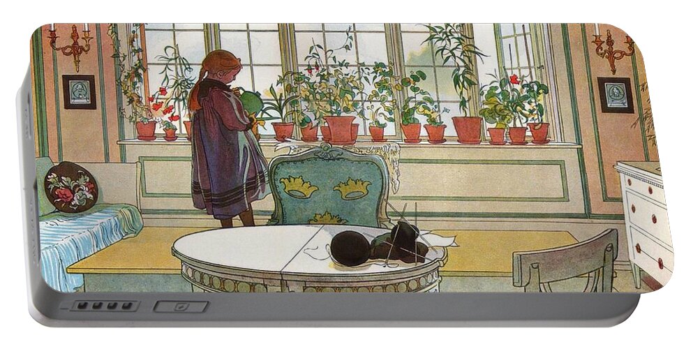Carl Larsson Portable Battery Charger featuring the painting Flowers on the Windowsill by MotionAge Designs