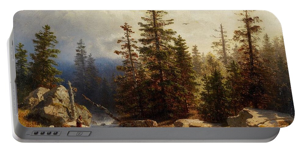 Andreas Achenbach Portable Battery Charger featuring the painting Forest Landscape with an Angler by MotionAge Designs