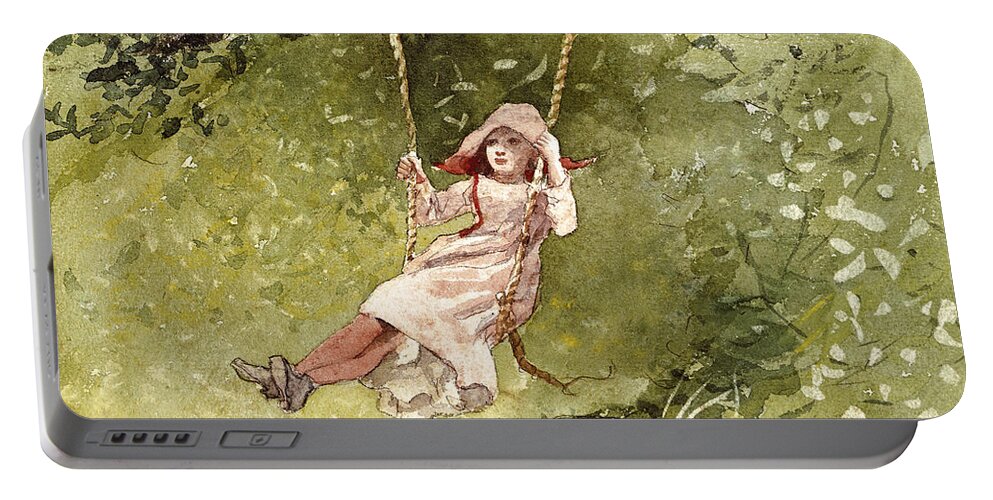 Winslow Homer Portable Battery Charger featuring the drawing Girl on a Swing #4 by Winslow Homer