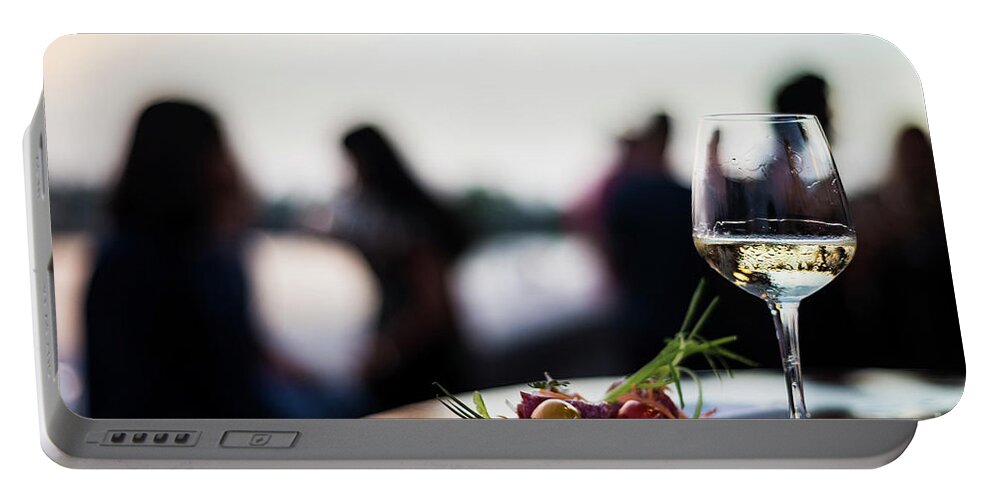 Alcohol Portable Battery Charger featuring the photograph Glass Of White Wine With Gourmet Food Tapa Snacks Outside #2 by JM Travel Photography