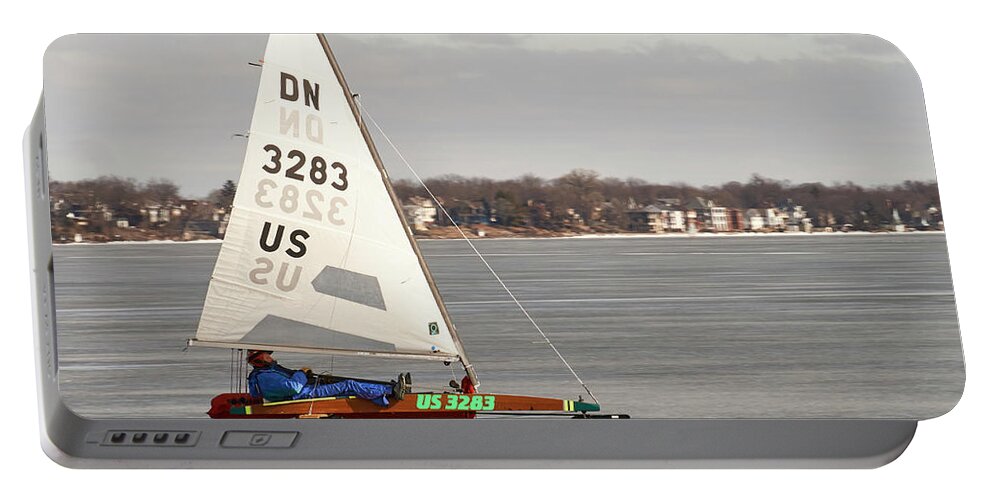 Ice Boat Portable Battery Charger featuring the photograph Ice Sailing - Madison, Wisconsin by Steven Ralser