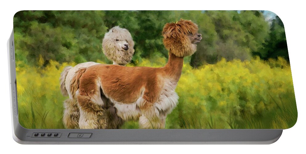 2 Little Llamas Painted In A Painted Landscape Animals Portable Battery Charger featuring the photograph 2 Little Llamas by Mary Timman