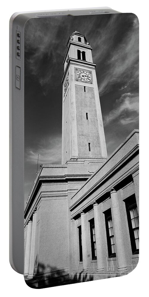 Lsu Portable Battery Charger featuring the photograph Memorial Tower - LSU BW by Scott Pellegrin
