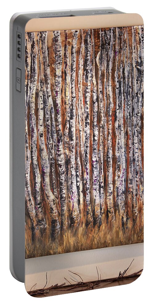 Moonlight Portable Battery Charger featuring the painting Moonlight Aspens by Sheila Johns