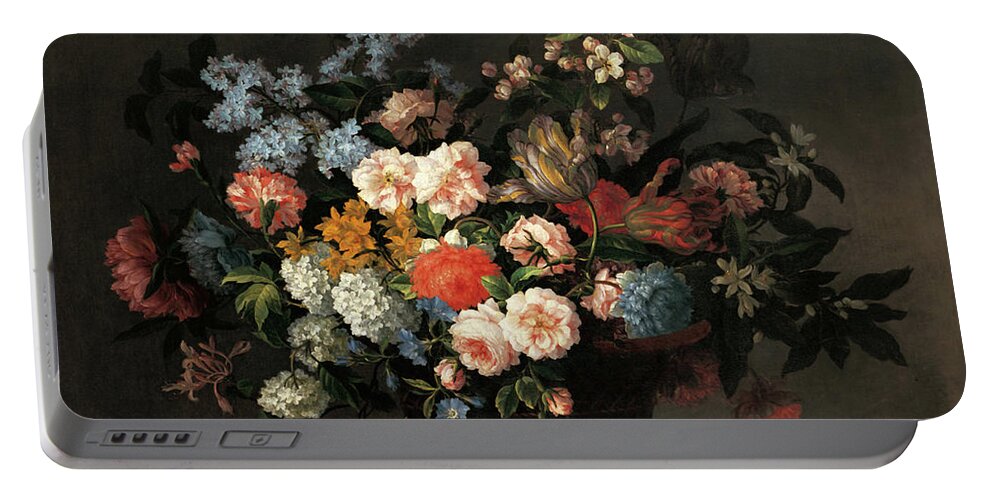 Basket Portable Battery Charger featuring the painting Still Life with Basket of Flowers #2 by Jean-Baptiste Monnoyer