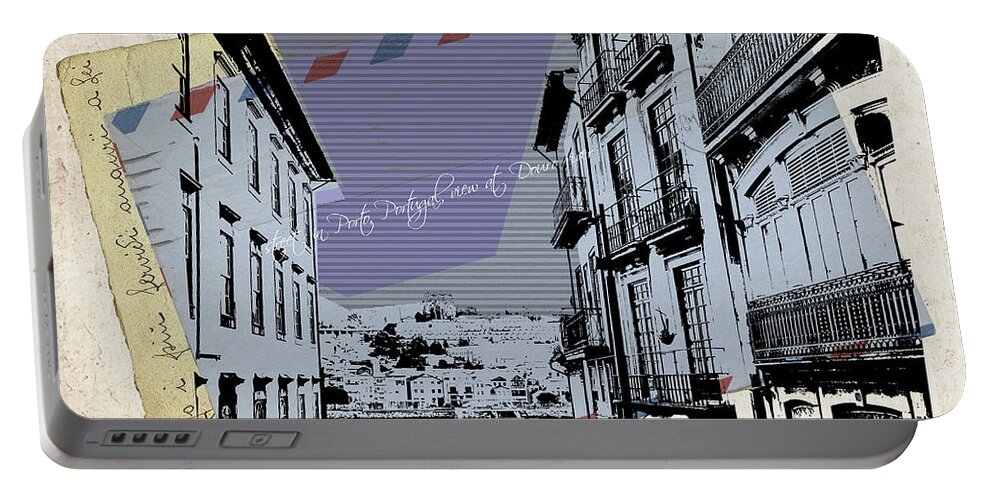 Porto Portable Battery Charger featuring the digital art stylish retro postcard of Porto #4 by Ariadna De Raadt