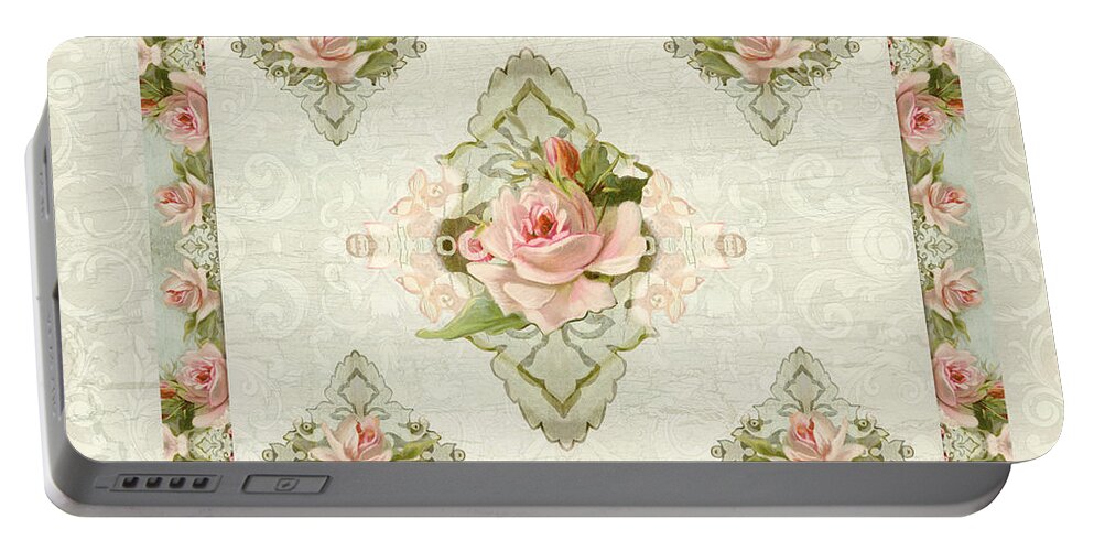 Vintage Portable Battery Charger featuring the painting Summer at the Cottage - Vintage Style Damask Roses by Audrey Jeanne Roberts