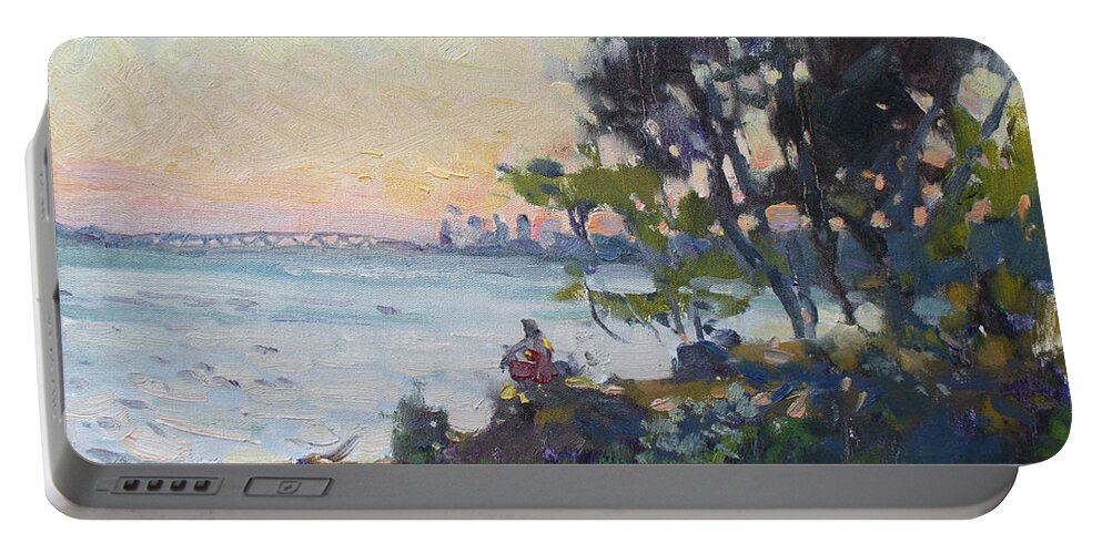 Sunset Portable Battery Charger featuring the painting Sunset on Niagara River by Ylli Haruni