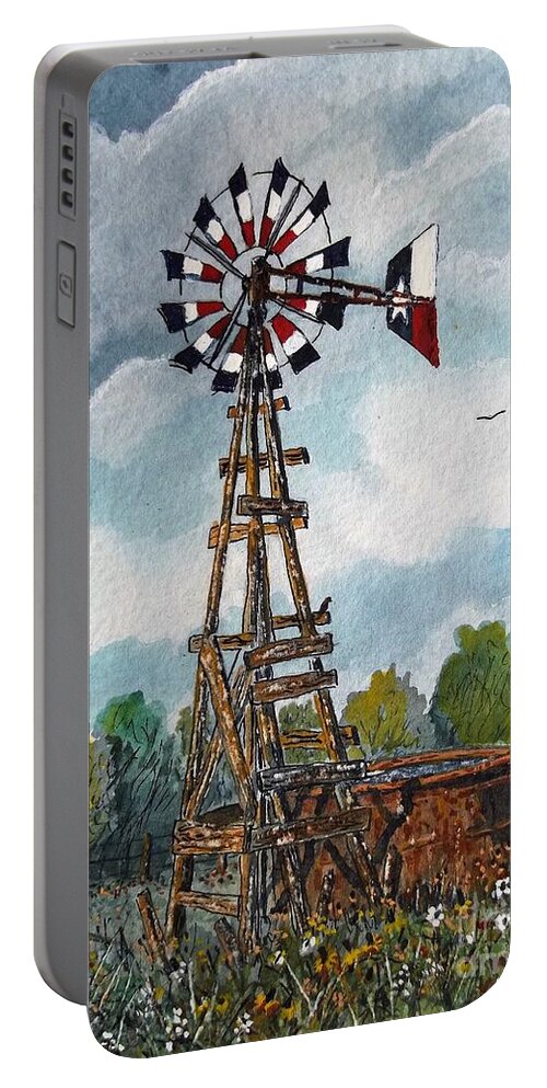Windmill Portable Battery Charger featuring the painting Texas Windmill #2 by Don n Leonora Hand