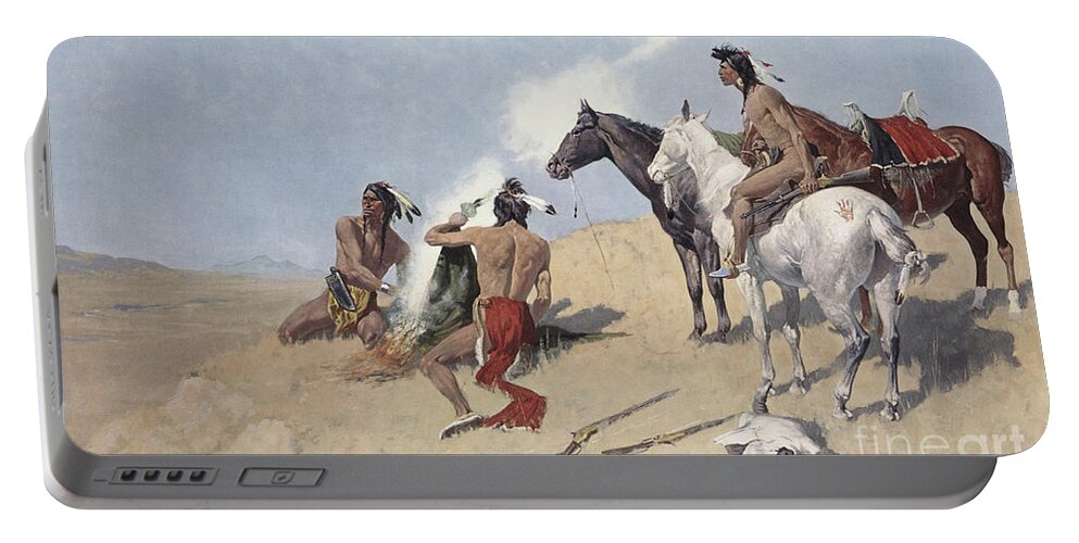 The Smoke Signal Portable Battery Charger featuring the painting The Smoke Signal by Frederic Remington