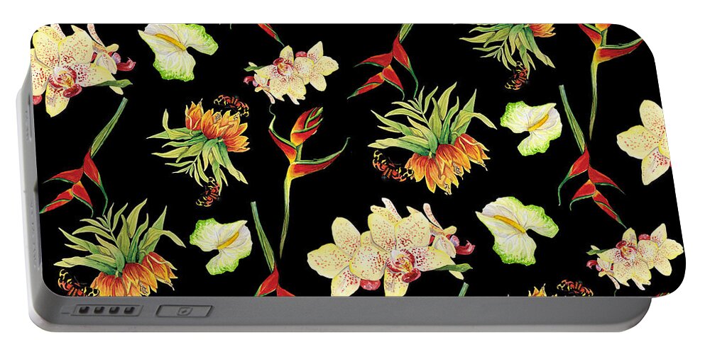 Orchid Portable Battery Charger featuring the painting Tropical Island Floral Half Drop Pattern by Audrey Jeanne Roberts