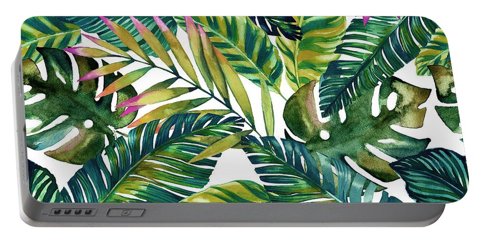 Tropical Leaves Portable Battery Charger featuring the painting Tropical Green Leaves Pattern by Mark Ashkenazi