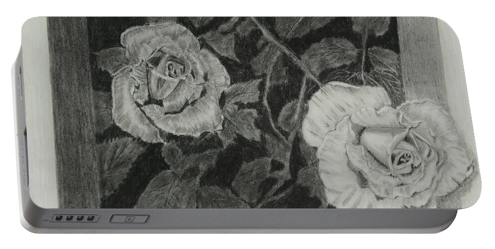 Rose Portable Battery Charger featuring the drawing 2 White Roses by Quwatha Valentine