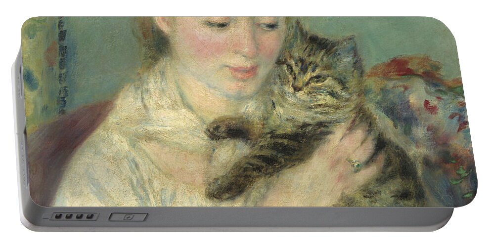 Auguste Renoir Portable Battery Charger featuring the painting Woman With A Cat #2 by Auguste Renoir