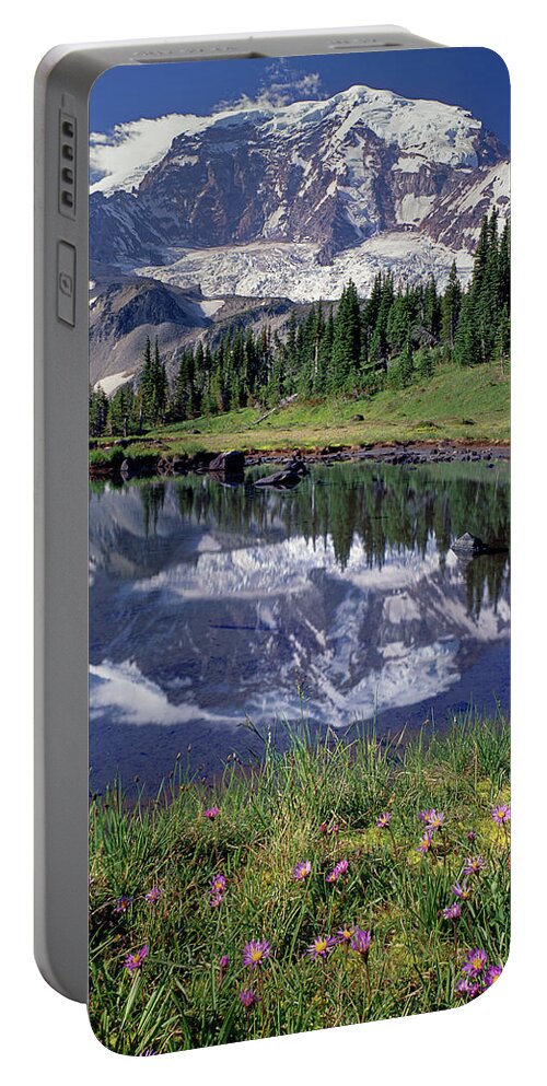 2m4861 Portable Battery Charger featuring the photograph 2M4861 Mt. Rainier Reflect and Wildflowers by Ed Cooper Photography