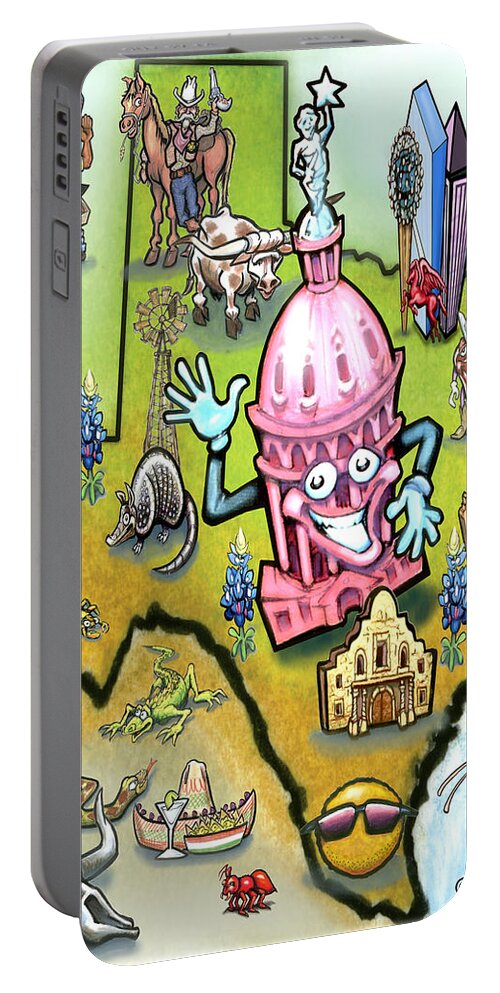 Austin Portable Battery Charger featuring the digital art Austin Texas Cartoon Map by Kevin Middleton