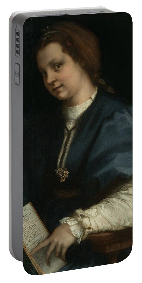 Andrea Del Sarto Portable Battery Charger featuring the painting Lady with a book of Petrarch's rhyme #5 by Andrea del Sarto