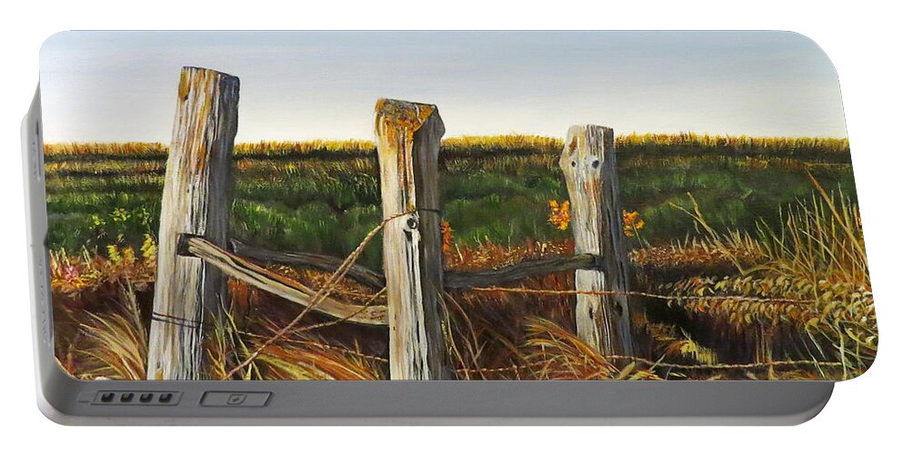 Farm Portable Battery Charger featuring the painting 3 Old Posts by Marilyn McNish