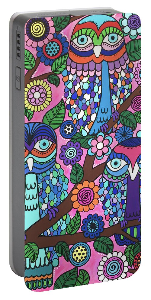 Owls Portable Battery Charger featuring the painting 3 Owls by Beth Ann Scott