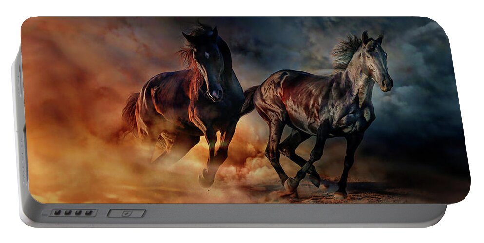 Horses Portable Battery Charger featuring the painting Two horses by Lilia D