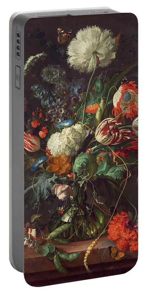 Jan Davidsz De Heem Portable Battery Charger featuring the painting Vase of Flowers #3 by Jan Davidsz de Heem