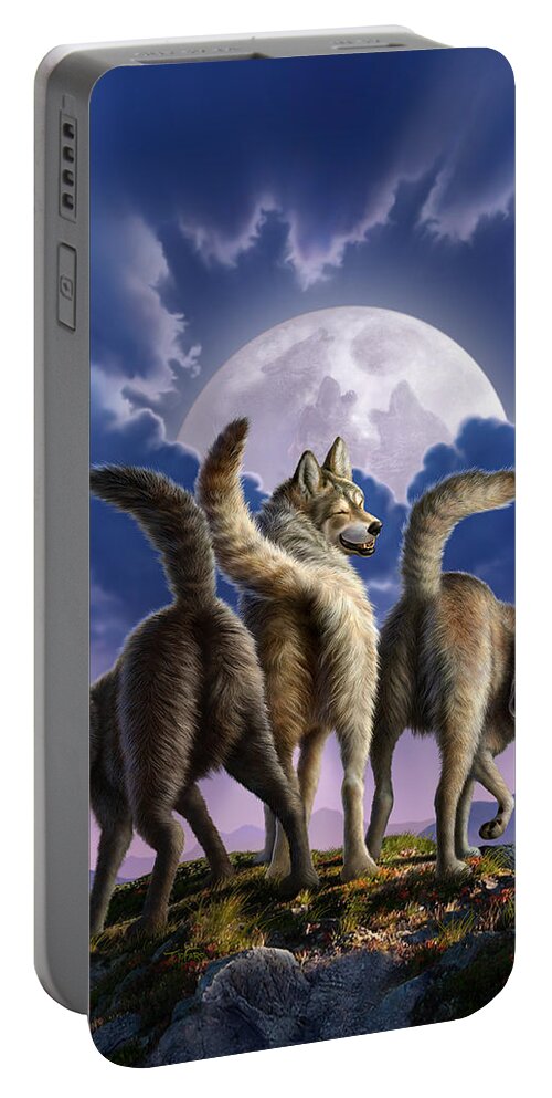 Wolf Portable Battery Charger featuring the digital art 3 Wolves Mooning by Jerry LoFaro