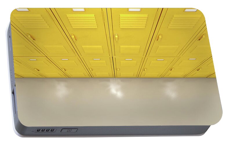 Locker Portable Battery Charger featuring the digital art Yellow School Lockers #3 by Allan Swart
