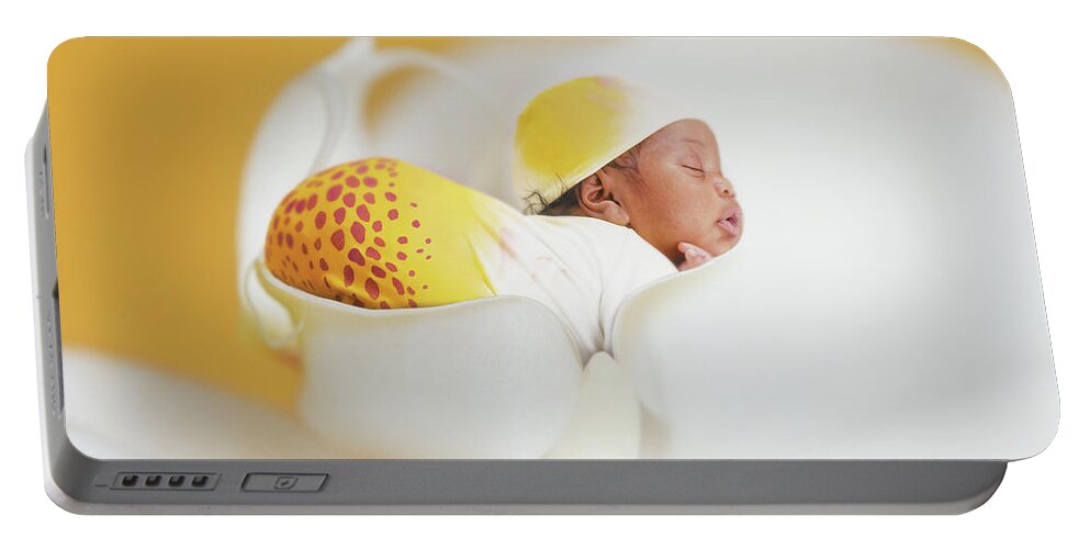 Orchid Portable Battery Charger featuring the photograph Telayiah in a Moth Orchid by Anne Geddes