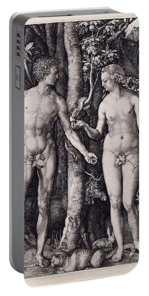 Durer Portable Battery Charger featuring the drawing Adam and Eve #4 by Albrecht Durer